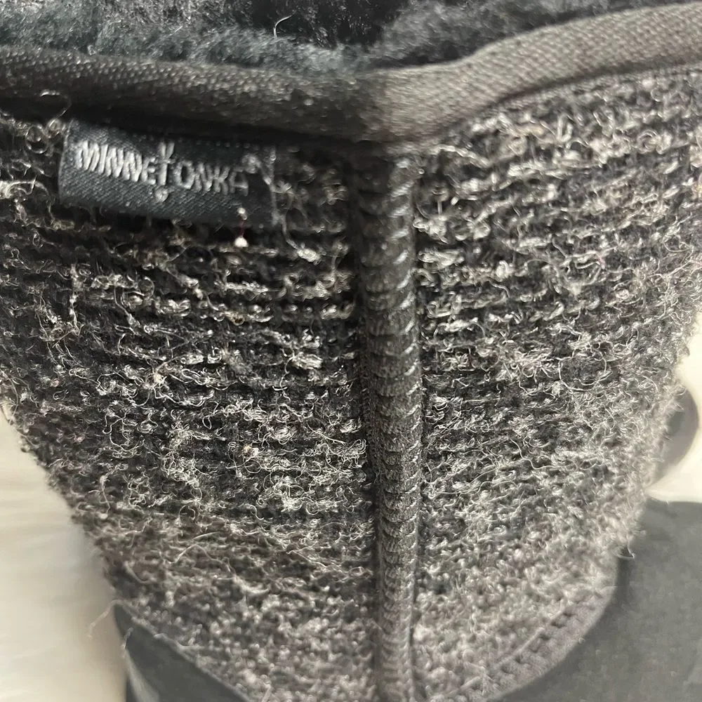 Minnetonka Tall Suede Tweed Boots Sheepskin/ Wool Lining Black/Gray SZ7